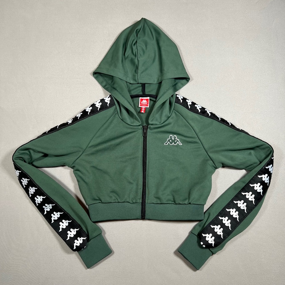 Kappa Womens Cropped Full Zip Hoodie Green Omini Logo Tape Track Jacket Small
